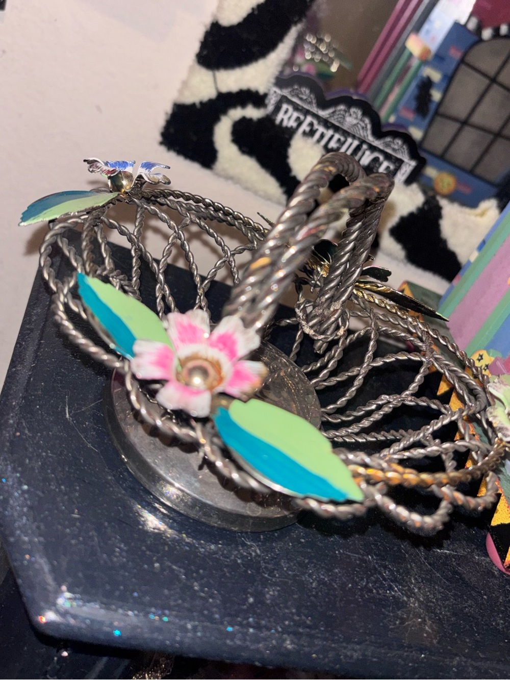 Floral Enamel Wire Basket - Pink & Teal